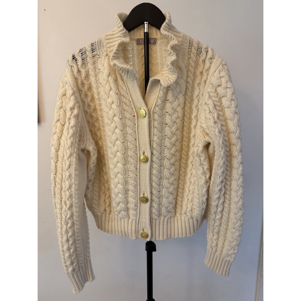 J. Crew Womens Cable Knit Ruffle Neck Cardigan Sweater Size XL Lambswool Mix